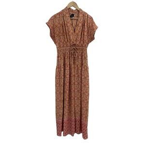 Maison Tara Orange Pink Damask Print Tie Front Maxi Dress Size 10
